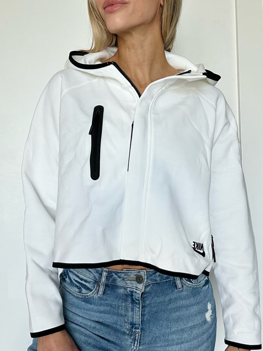 Nike White Cropped Hoodie Jacket with Black Accents
